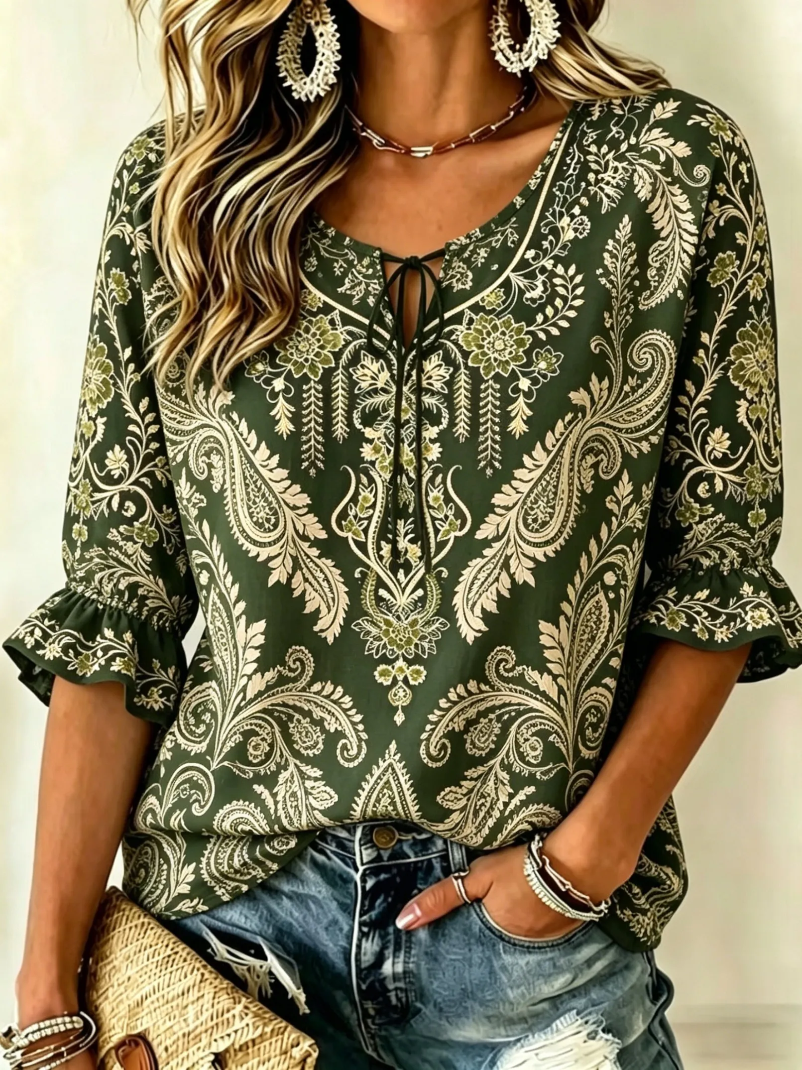 Women's Spring Summer Casual Blouse, Green Paisley Floral Print Tops for Daily Street Holiday Dating & Leisure Outfit
Women's Spring Summer Casual Blouse, Green Paisley Floral Print Tops for Daily Street Holiday Dating & Leisure Outfit
