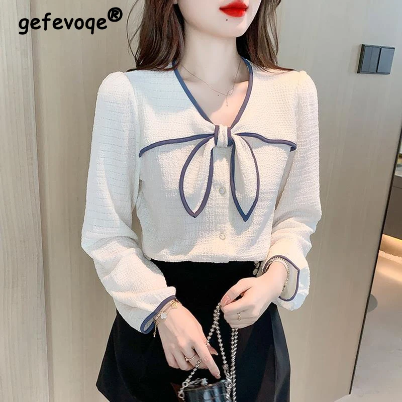 Women's Fashion Contrast Color Bow Button Up Shirt Spring Elegant Sweet Chic Loose Blouse Female Casual V Neck Long Sleeve Tops
Women's Fashion Contrast Color Bow Button Up Shirt Spring Elegant Sweet Chic Loose Blouse Female Casual V Neck Long Sleeve Tops