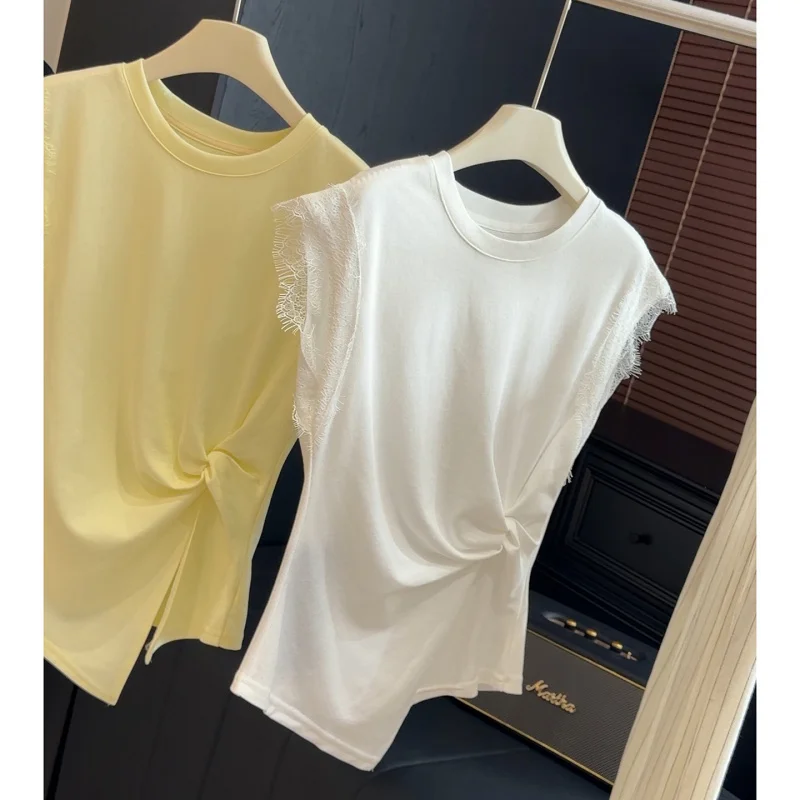 Sleeveless with lace trimtWomen's Summer T-shirt2026Irregular twisted waist-cinching design with small flutter sleeves top
Sleeveless with lace trimtWomen's Summer T-shirt2026Irregular twisted waist-cinching design with small flutter sleeves top