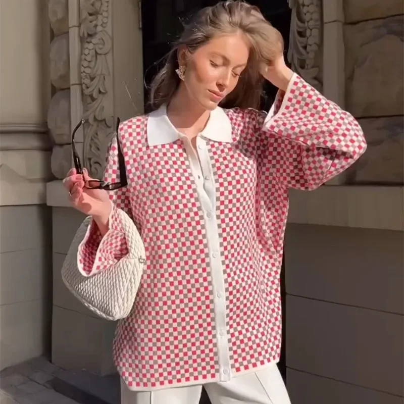 Women's Plaid Cardigan Sweater Autumn Pink V-neck Long Sleeve Knitted Warm Cardigan Jacket Women's Casual Loose Cardigan
Women's Plaid Cardigan Sweater Autumn Pink V-neck Long Sleeve Knitted Warm Cardigan Jacket Women's Casual Loose Cardigan