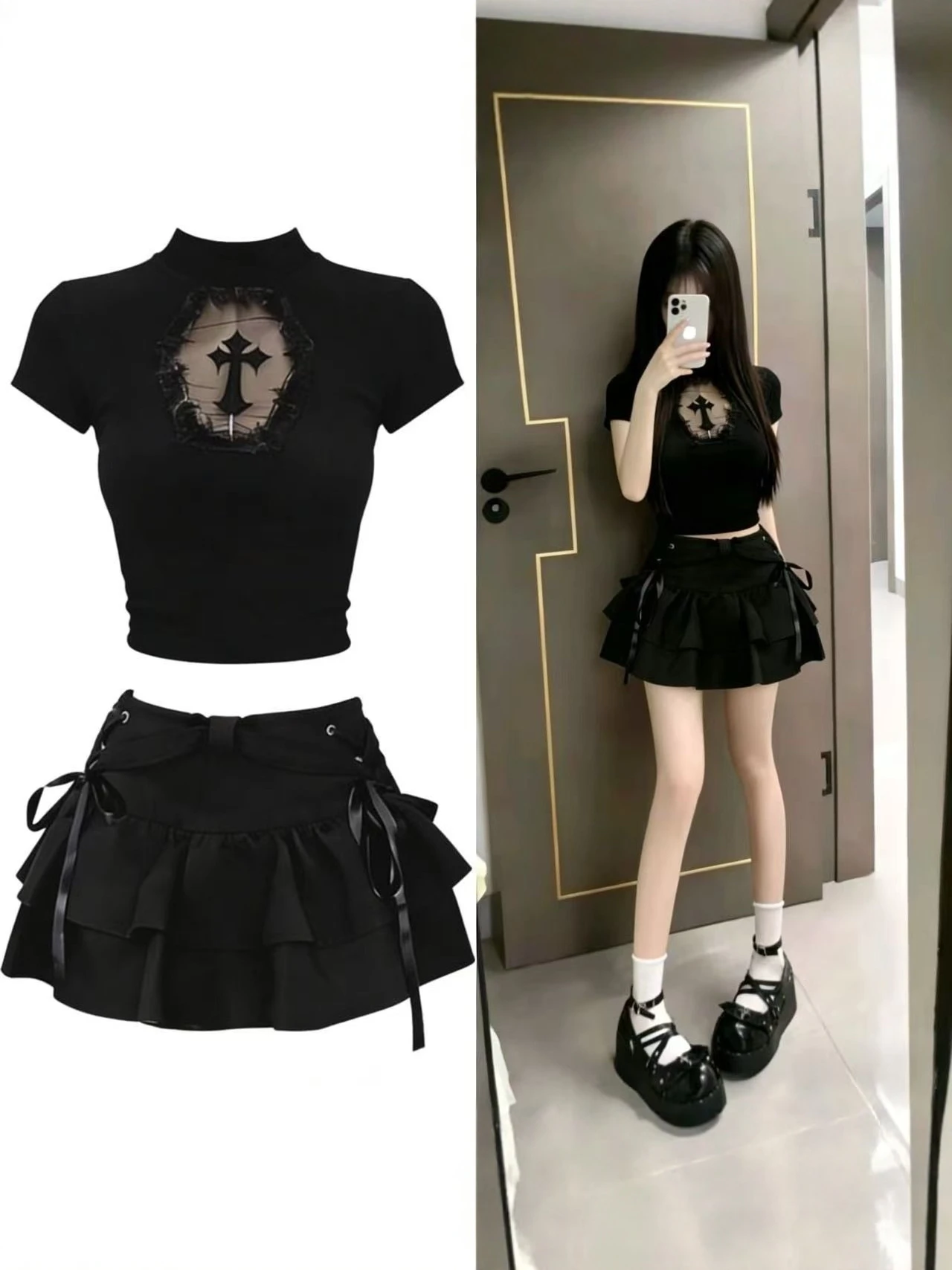 Gothic Cross Hollow out Black Top with Bow Tie Skirt Women's Fashion Set High Waist Puffy Skirt Short Sleeve T-Shirt Set
Gothic Cross Hollow out Black Top with Bow Tie Skirt Women's Fashion Set High Waist Puffy Skirt Short Sleeve T-Shirt Set