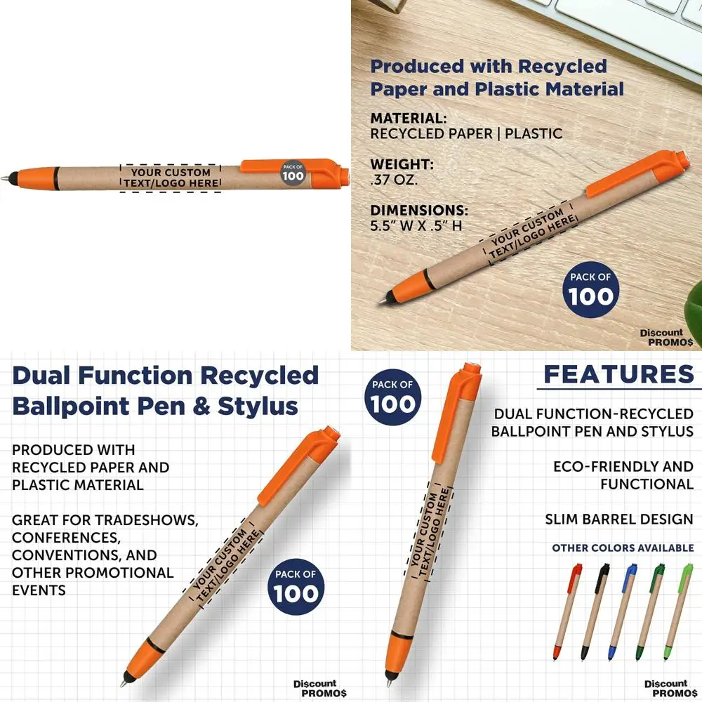 Customizable 100-Pens Pack - Recycled Ballpoint Stylus, Retractable, Orange - Eco-Friendly Promotional Items
Customizable 100-Pens Pack - Recycled Ballpoint Stylus, Retractable, Orange - Eco-Friendly Promotional Items
