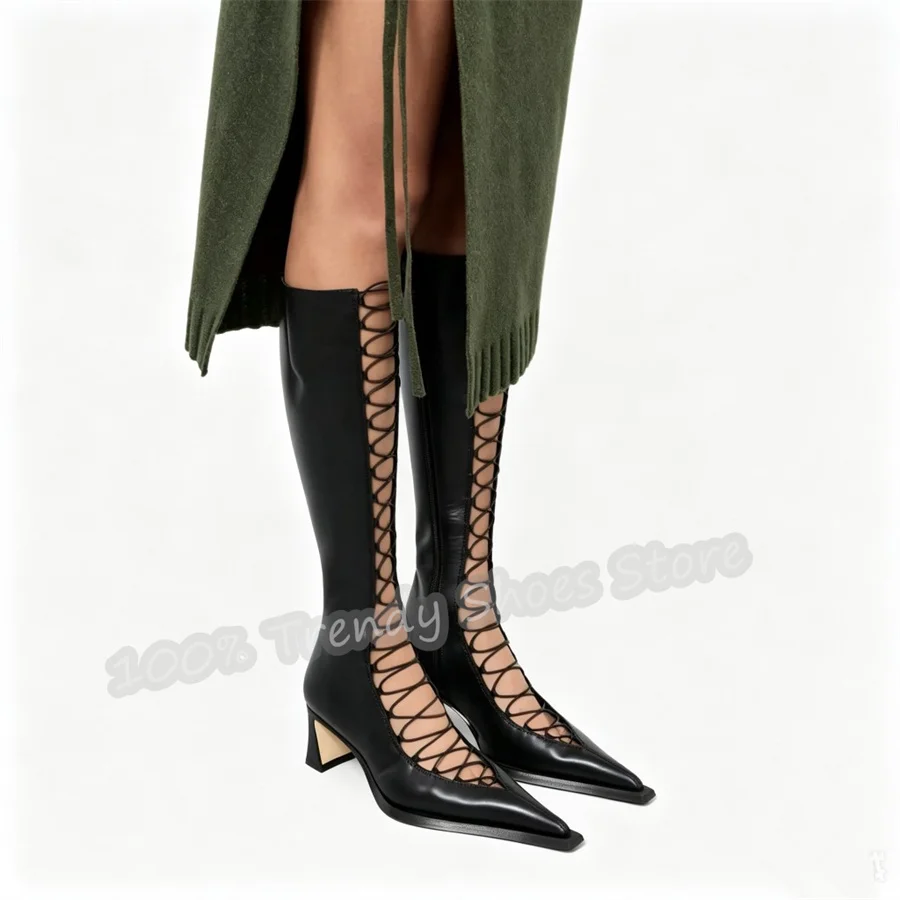 Women Pointed Toe Lace-Up Knee High Boots Black Leather Hollow Out High Heel Boots New Fashion Party Wedding Lady Boots
Women Pointed Toe Lace-Up Knee High Boots Black Leather Hollow Out High Heel Boots New Fashion Party Wedding Lady Boots