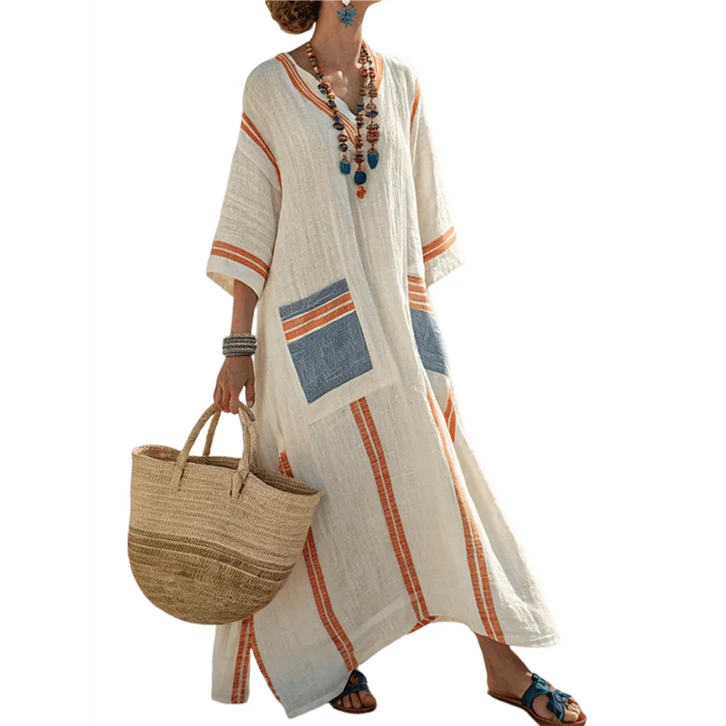 ABRT-Women's Summer Loose Oversized Cotton Linen Dress V Neck Boho Color Block Long Kaftan With Split 
ABRT-Women's Summer Loose Oversized Cotton Linen Dress V Neck Boho Color Block Long Kaftan With Split