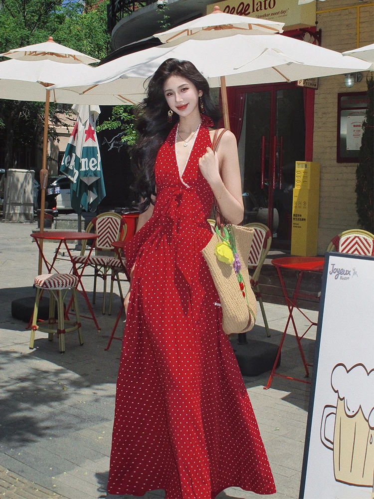 AZure Gentle Wind Винтажное платье в горошек с открытыми плечами, красное, с V-образным вырезом, приталенное, стройнящее, длинное
AZure Gentle Wind Винтажное платье в горошек с открытыми плечами, красное, с V-образным вырезом, приталенное, стройнящее, длинное