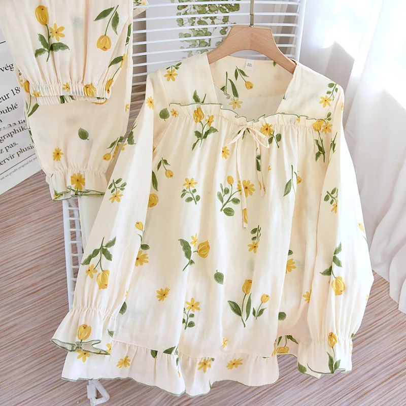 Штаны с длинным рукавом домашний костюм газовая хлопковая тонкая Пижама Mujer свободная и мягкая Пижама 2 шт. цветочный принт потертый креп пиновая одежда
Штаны с длинным рукавом домашний костюм газовая хлопковая тонкая Пижама Mujer свободная и мягкая Пижама 2 шт. цветочный принт потертый креп пиновая одежда