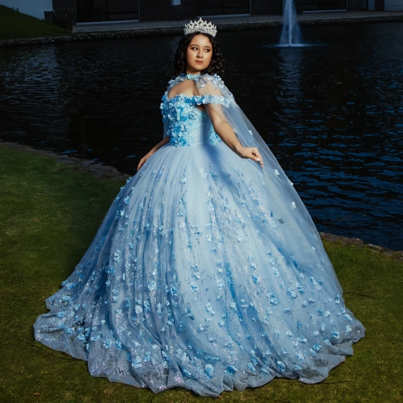 Sky Blue Quinceanera Dresses Off Shoulder Ball Gown Sweet 16 Dress Applique Flower Beading Crystal Tull With Cape Birthday Party
Sky Blue Quinceanera Dresses Off Shoulder Ball Gown Sweet 16 Dress Applique Flower Beading Crystal Tull With Cape Birthday Party