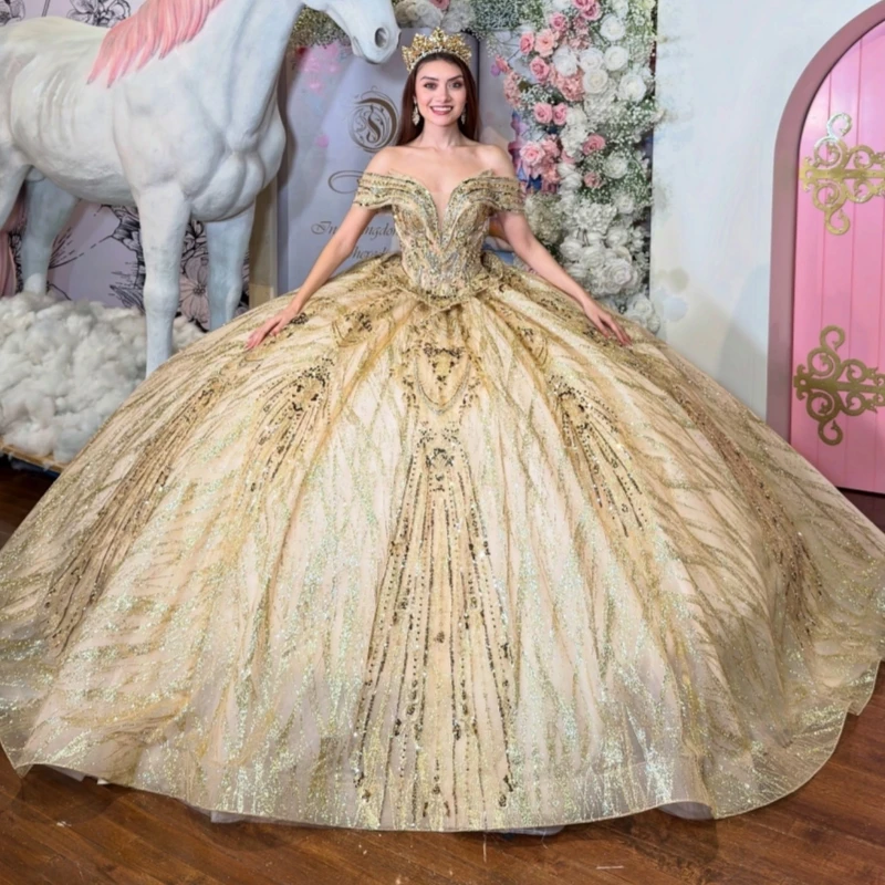 Champagne Shiny Quinceanera Dresses Ball Gown Off The Shoulder Applique Lace Beading Crystal Tull Corset Party Birthday Sweet 16
Champagne Shiny Quinceanera Dresses Ball Gown Off The Shoulder Applique Lace Beading Crystal Tull Corset Party Birthday Sweet 16