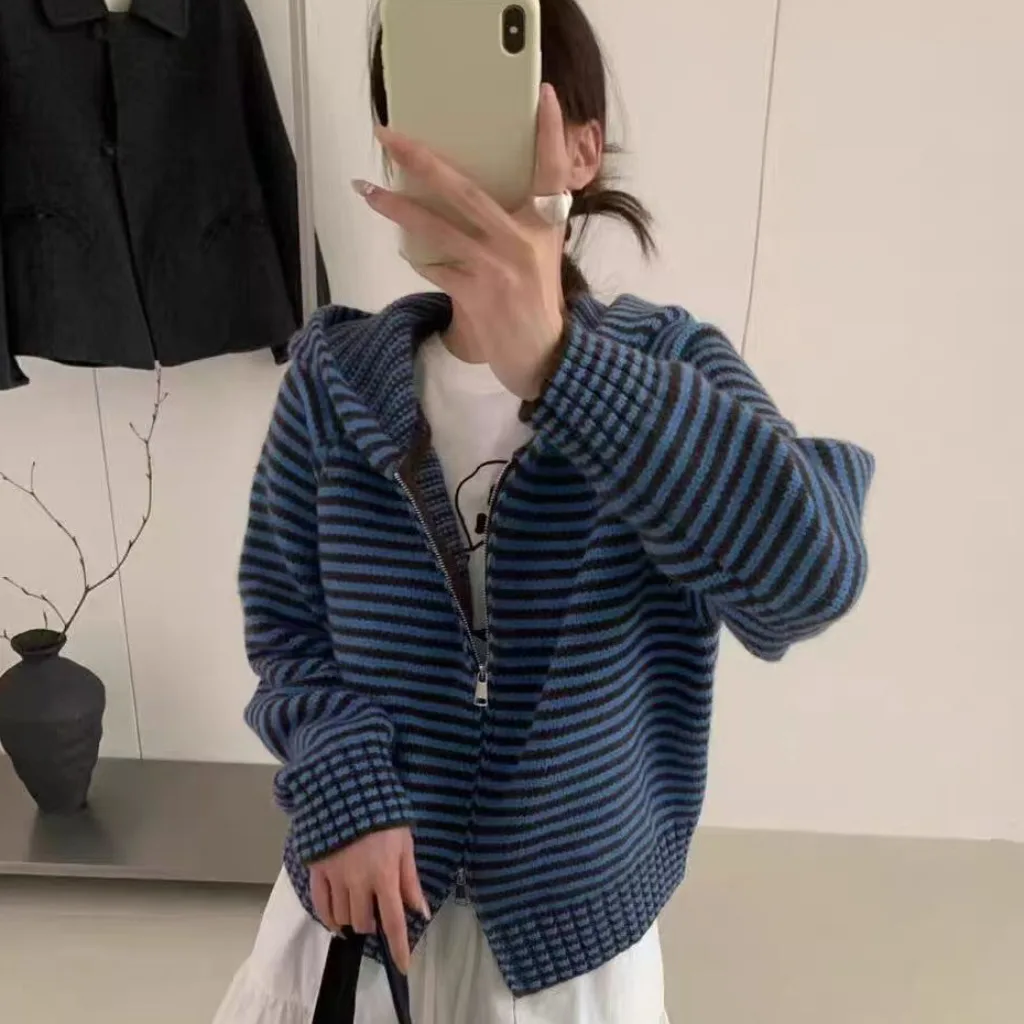 Women's Knitted Sweater Jaet Loose Fit Zipper Hooded Striped Top Autumn Winter New Sle Korean Chic Long Sve Cardigan
Women's Knitted Sweater Jaet Loose Fit Zipper Hooded Striped Top Autumn Winter New Sle Korean Chic Long Sve Cardigan
