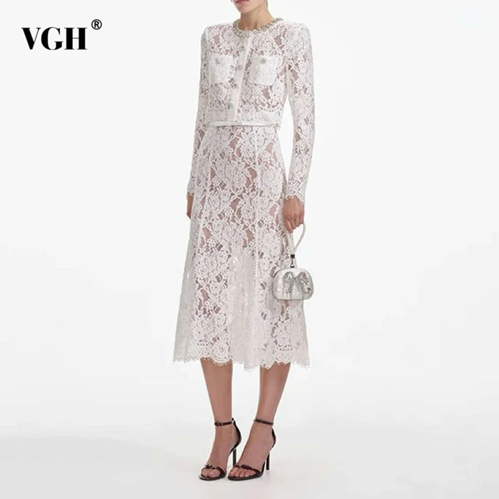 VGH Solid Slimming Lace Skirts Sets For Women Round Neck Long Sleeve Spliced Pocket High Waist Skirt Hollow Out Set Female New
VGH Solid Slimming Lace Skirts Sets For Women Round Neck Long Sleeve Spliced Pocket High Waist Skirt Hollow Out Set Female New