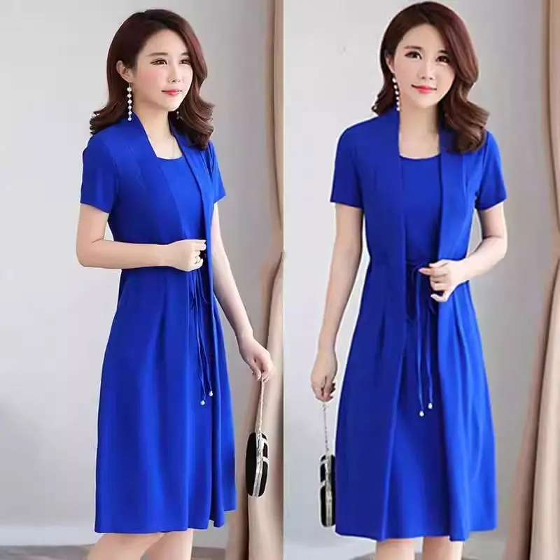 Summer Short Sleeve plus Size Midi Dress Women's Color Slimming A-Line Skirt Belted Fake Two-Piece Elegant Lady Style
Summer Short Sleeve plus Size Midi Dress Women's Color Slimming A-Line Skirt Belted Fake Two-Piece Elegant Lady Style