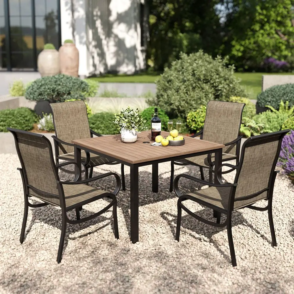 5 Piece Patio Dining Set, 42 Wooden Texture Metal Table with Umbrella Holes and 4 High Back Fixed Chairs All Weather Outdoor Ta
5 Piece Patio Dining Set, 42 Wooden Texture Metal Table with Umbrella Holes and 4 High Back Fixed Chairs All Weather Outdoor Ta