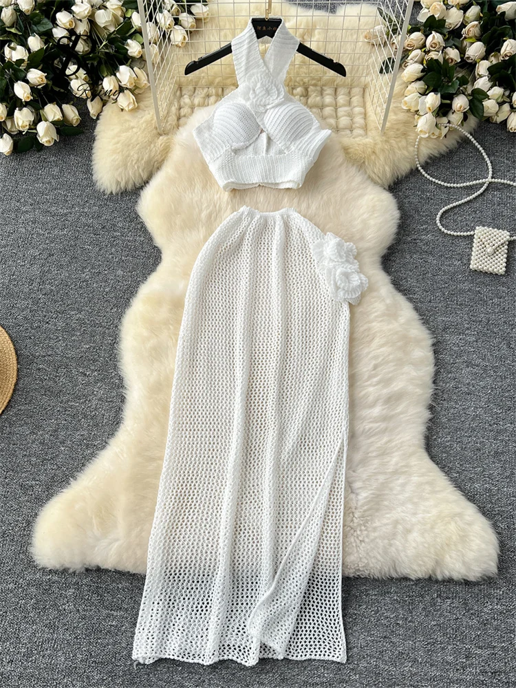 Женский пляжный костюм с юбкой, облегающий комплект из 2 предметов с разрезом сбоку, трикотажные костюмы 3D, ажурные мини-топы с лямкой на шее и длинная одежда, лето 2024 
Женский пляжный костюм с юбкой, облегающий комплект из 2 предметов с разрезом сбоку, трикотажные костюмы 3D, ажурные мини-топы с лямкой на шее и длинная одежда, лето 2024