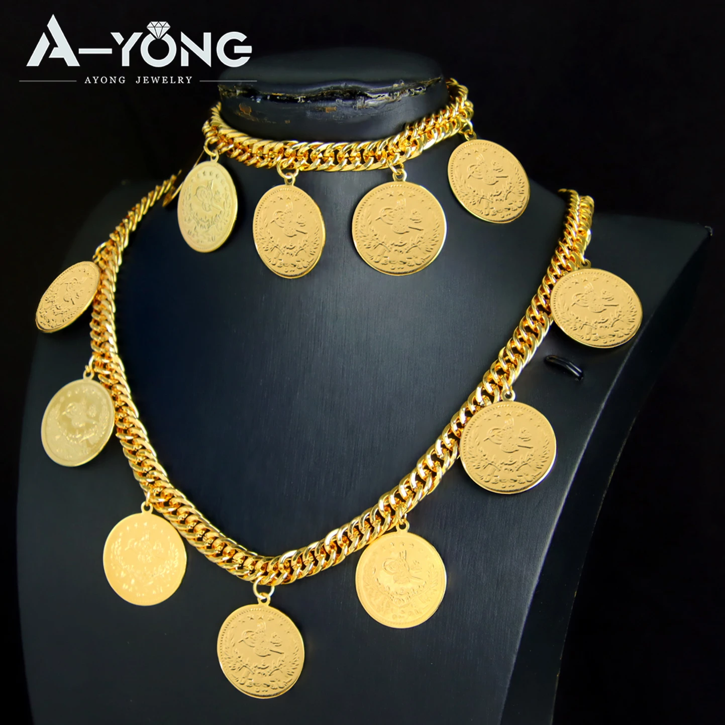 Turkish Gold Plated Coins Jewelry Set 21k Gold Color Arabic Fashion Cuban Necklace Bracelet Dubai Women Bridal Wedding Jewelrys
Turkish Gold Plated Coins Jewelry Set 21k Gold Color Arabic Fashion Cuban Necklace Bracelet Dubai Women Bridal Wedding Jewelrys