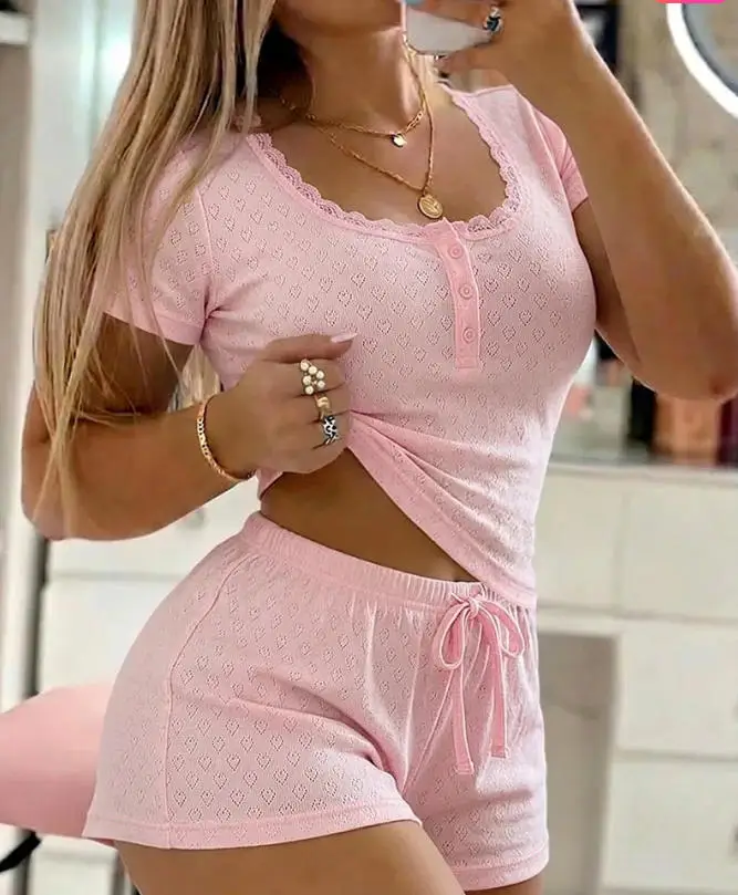 Two Piece Set Women Outfit 2026 Spring New Jacquard Heart Lace Trim Square Neck Short Sleeve Top & Casual Home Shorts Pajama Set
Two Piece Set Women Outfit 2026 Spring New Jacquard Heart Lace Trim Square Neck Short Sleeve Top & Casual Home Shorts Pajama Set