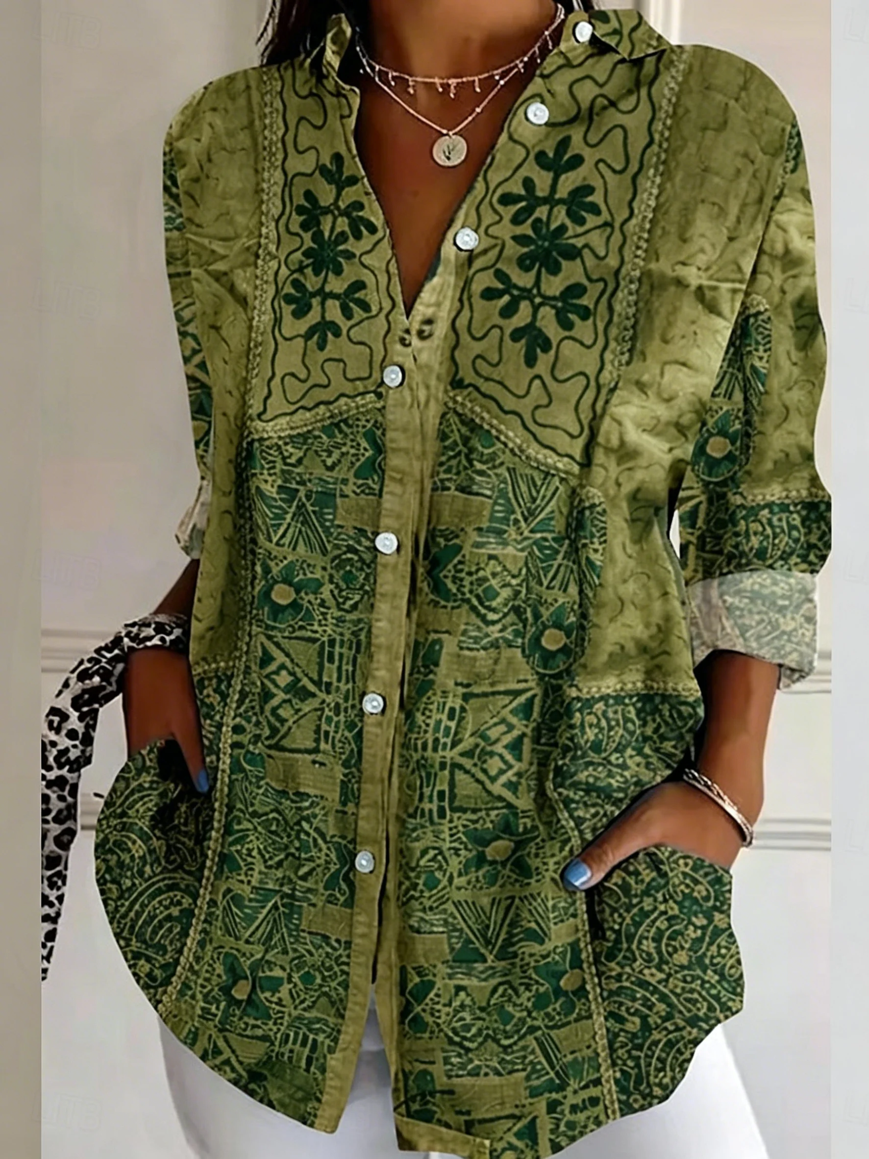 Women's Long Sleeve Ethnic Patchwork Print Button Down Casual Shirt Elegant Daily Blouse Tops in Green for Spring Summer
Women's Long Sleeve Ethnic Patchwork Print Button Down Casual Shirt Elegant Daily Blouse Tops in Green for Spring Summer