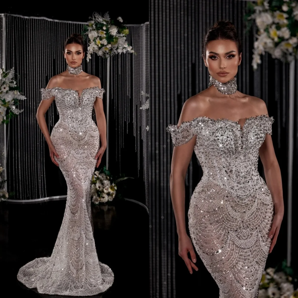 Блестящие свадебные платья с открытыми плечами, свадебные платья русалки с бисером, жемчуг и стразы, иллюзия, индивидуальные платья Vestidos De Novia
Блестящие свадебные платья с открытыми плечами, свадебные платья русалки с бисером, жемчуг и стразы, иллюзия, индивидуальные платья Vestidos De Novia