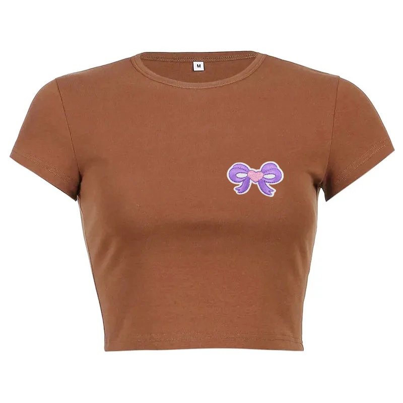Purple Bow Embroidered T-shirt Female Elastic Comfortable Short Brown T-shirt Casual Soft Crop Top Summer Fashion Street Wear
Purple Bow Embroidered T-shirt Female Elastic Comfortable Short Brown T-shirt Casual Soft Crop Top Summer Fashion Street Wear