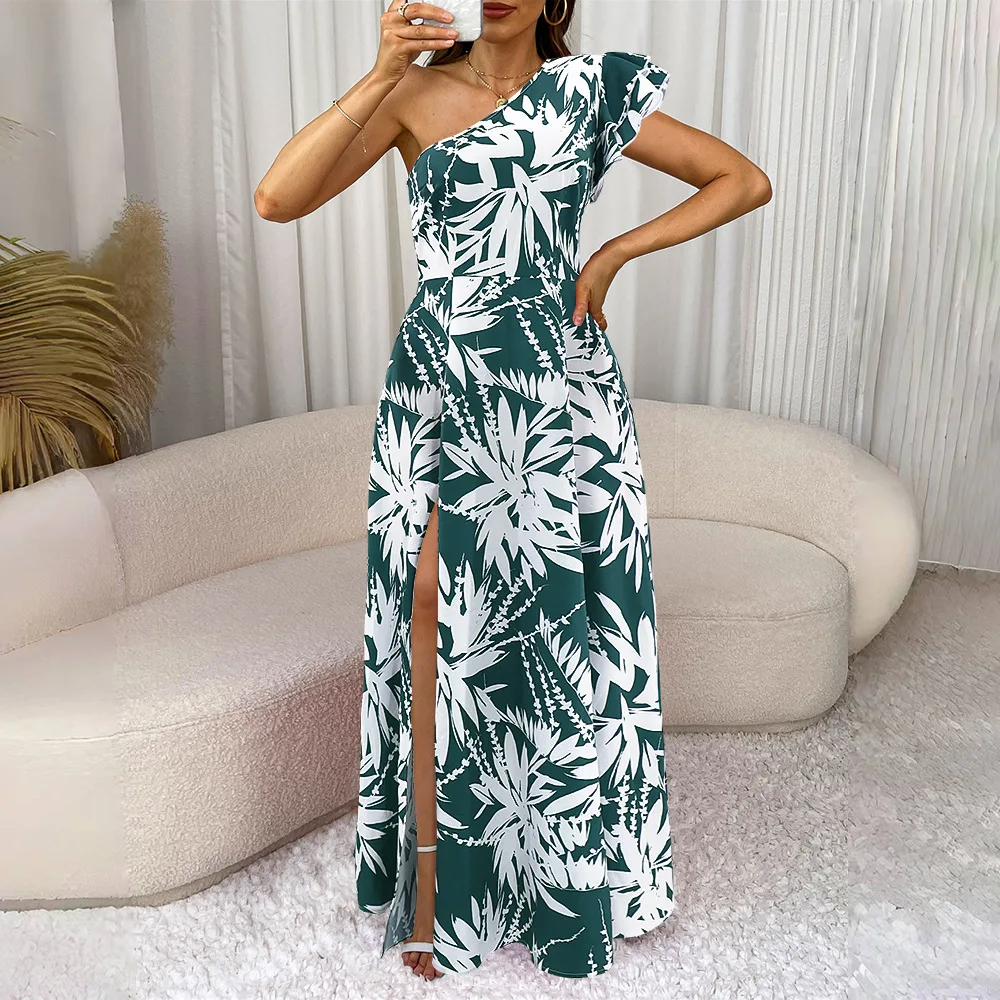 Summer Slanted Shoulder Single Sleeve Ruffle Edge Dress Waist Cinched Split Hem Long Skirt Fashionable Large Skirt
Summer Slanted Shoulder Single Sleeve Ruffle Edge Dress Waist Cinched Split Hem Long Skirt Fashionable Large Skirt
