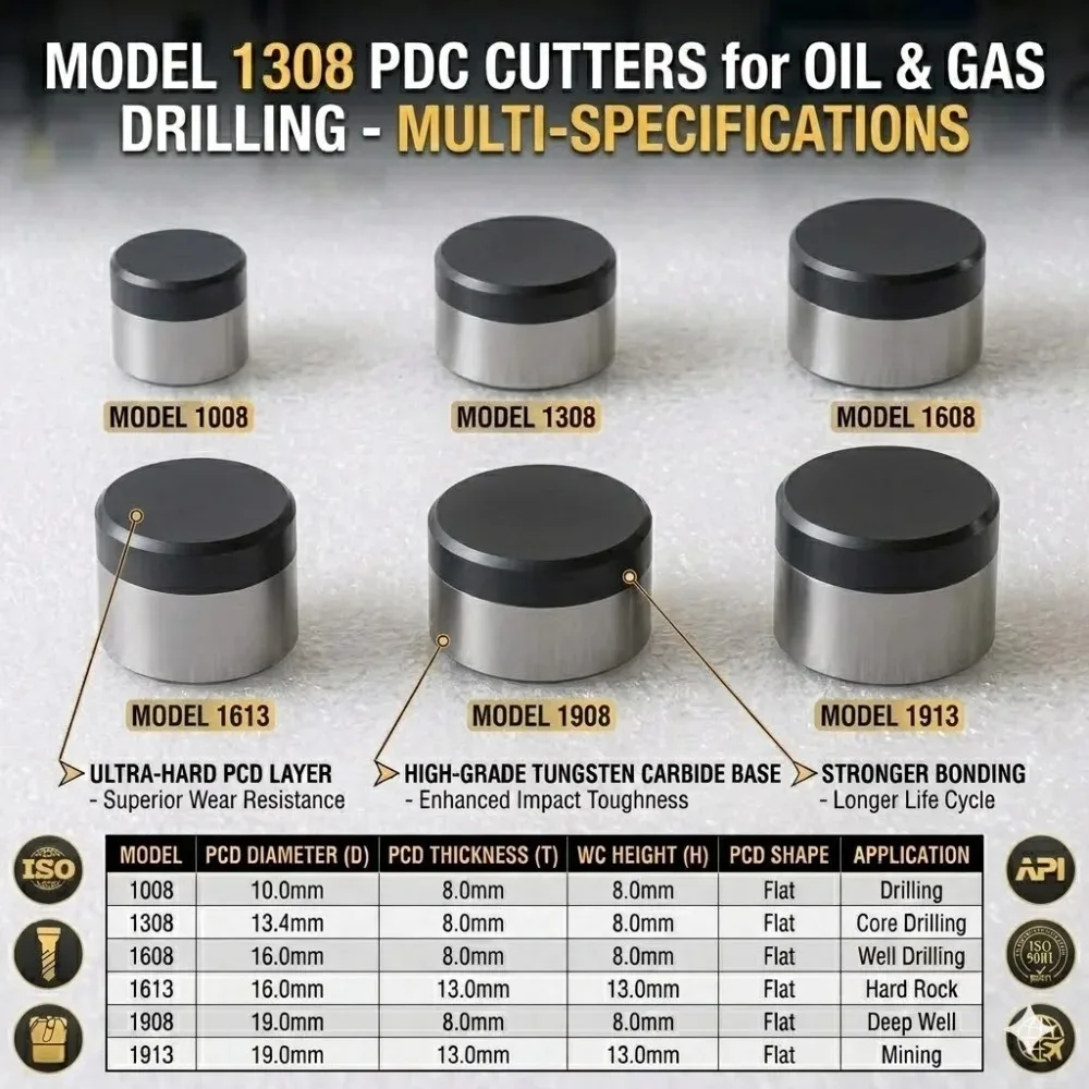 PDC Cutters 1308 1613 1608 1908 1913 Tungsten Carbide Inserts for Oil Gas Well Drilling Mining Hard Rock 1pc
PDC Cutters 1308 1613 1608 1908 1913 Tungsten Carbide Inserts for Oil Gas Well Drilling Mining Hard Rock 1pc