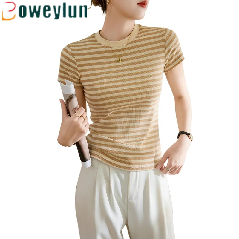Boweylun Summer Striped Cotton T-Shirt Women Casual Round Neck Short Sleeve Retro Slim Blouse Female
Boweylun Summer Striped Cotton T-Shirt Women Casual Round Neck Short Sleeve Retro Slim Blouse Female