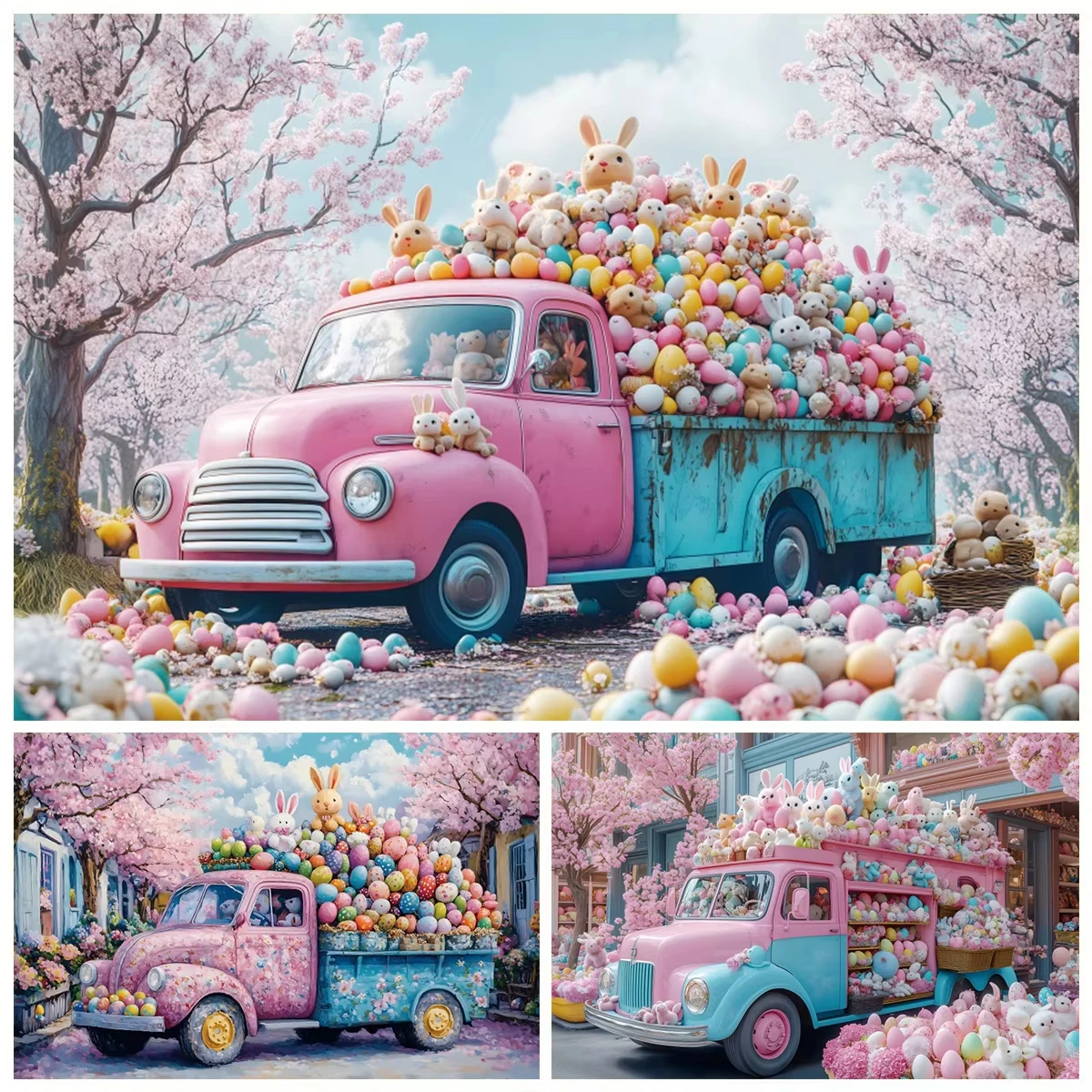 Spring Easter Backdrop Pink Cherry Blossom Truck Rabbit Colorful Eggs Flower Baby Shower Easter's Day Photography Background
Spring Easter Backdrop Pink Cherry Blossom Truck Rabbit Colorful Eggs Flower Baby Shower Easter's Day Photography Background
