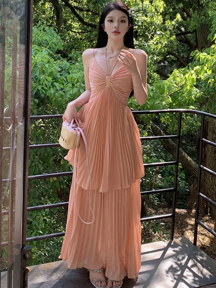 Summer Solid Chiffon Pleated Ruffled Long Dress Women Elegant Luxury Sling Sexy Dress 2026 Korean Vintage Bodycon Evening Dress
Summer Solid Chiffon Pleated Ruffled Long Dress Women Elegant Luxury Sling Sexy Dress 2026 Korean Vintage Bodycon Evening Dress