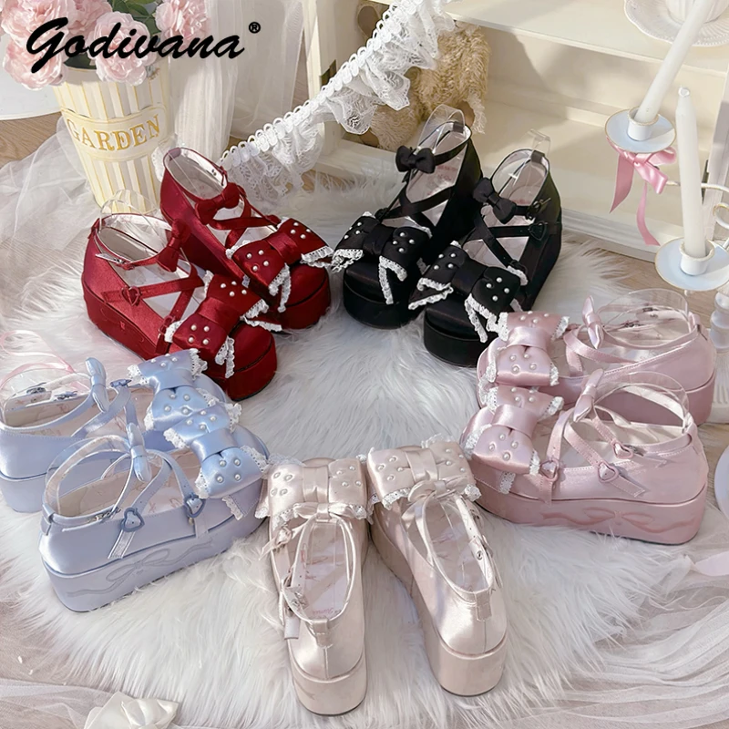 Sweet Cute Girls Platform Shoes Lolita Elegant CLA Women's Pearl Bead Bow Satin Thick Bottom Doll Shoes Pump High Heels
Sweet Cute Girls Platform Shoes Lolita Elegant CLA Women's Pearl Bead Bow Satin Thick Bottom Doll Shoes Pump High Heels