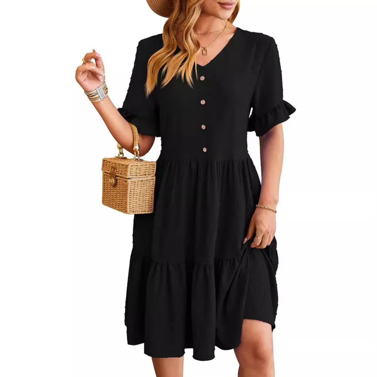 Fashion V-Neck Jacquard Dresses for Women Summer Short Sleeve Solid Color Pleated Dress Elegant Ladies Casual A-Line Party Dress
Fashion V-Neck Jacquard Dresses for Women Summer Short Sleeve Solid Color Pleated Dress Elegant Ladies Casual A-Line Party Dress