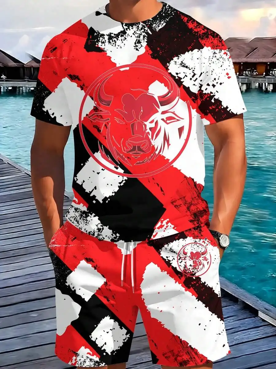 Mens Casual Tracksuit Set With Bull Graphic Print Tee And Shorts
Mens Casual Tracksuit Set With Bull Graphic Print Tee And Shorts