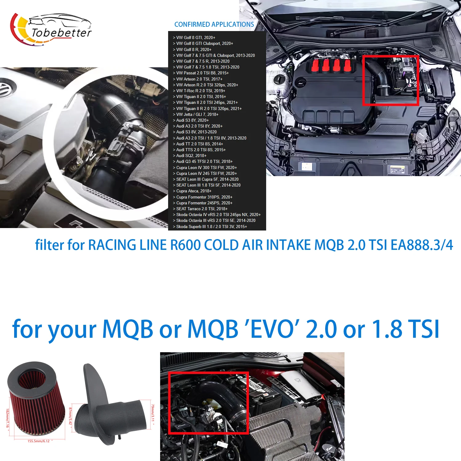MQB & MQB 'EVO' Air Filter for Golf 8 GTI 7 & 7.5 Audi A3 2.0 TSI / 1.8 TSI 8V 8Y R600 Intake 2.0 TSI EA888.3 EA888.4 VW-R6
MQB & MQB 'EVO' Air Filter for Golf 8 GTI 7 & 7.5 Audi A3 2.0 TSI / 1.8 TSI 8V 8Y R600 Intake 2.0 TSI EA888.3 EA888.4 VW-R6