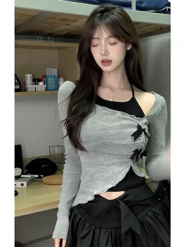 Gray Shoulder-baring Long Sleeve Knot Skirt Top Set Women's Fashion Spring Autumn Casual High Waist Short Skirt
Gray Shoulder-baring Long Sleeve Knot Skirt Top Set Women's Fashion Spring Autumn Casual High Waist Short Skirt