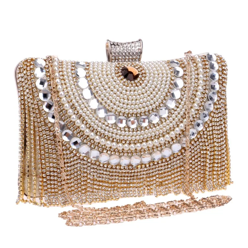 Women 's Tassels Gold Color Evening Bags Luxury Pearl Rhineston Beads Crystal Purse Elegant Hand Bag Wedding Party Clutches
Women 's Tassels Gold Color Evening Bags Luxury Pearl Rhineston Beads Crystal Purse Elegant Hand Bag Wedding Party Clutches
