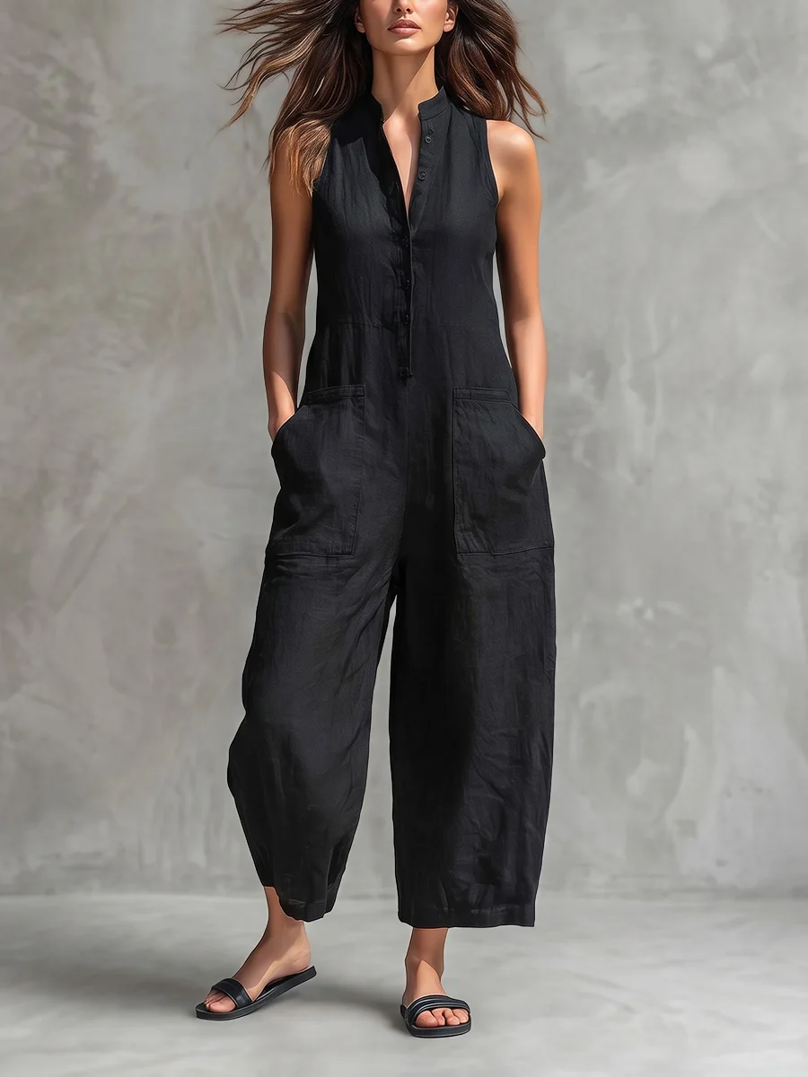 2026 Women Solid Color Stand Collar Jumpsuit Sleeveless Buttoned Pocketed Wide Leg Casual Outfits Women's Jumpsuits And Rompers
2026 Women Solid Color Stand Collar Jumpsuit Sleeveless Buttoned Pocketed Wide Leg Casual Outfits Women's Jumpsuits And Rompers