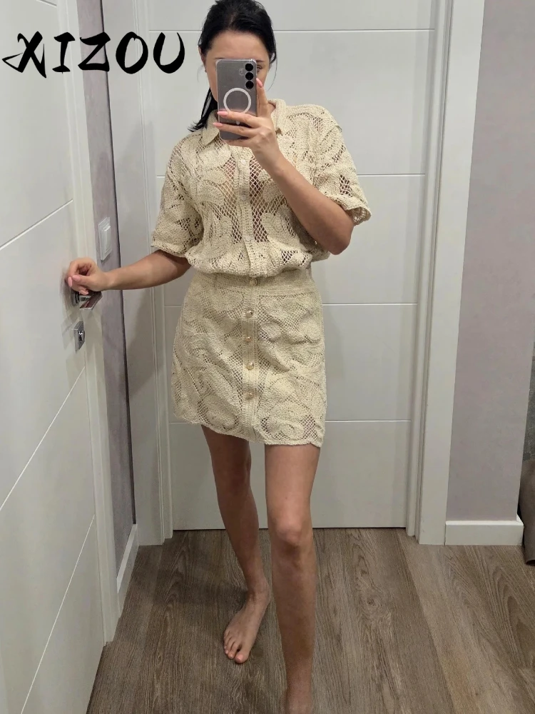 XIZOU Women Hollow Out Knitted Skirt 2 Pieces Set Loose V Neck Short Sleeve Single Breasted Tops Sets Summer Office Streetwear
XIZOU Women Hollow Out Knitted Skirt 2 Pieces Set Loose V Neck Short Sleeve Single Breasted Tops Sets Summer Office Streetwear