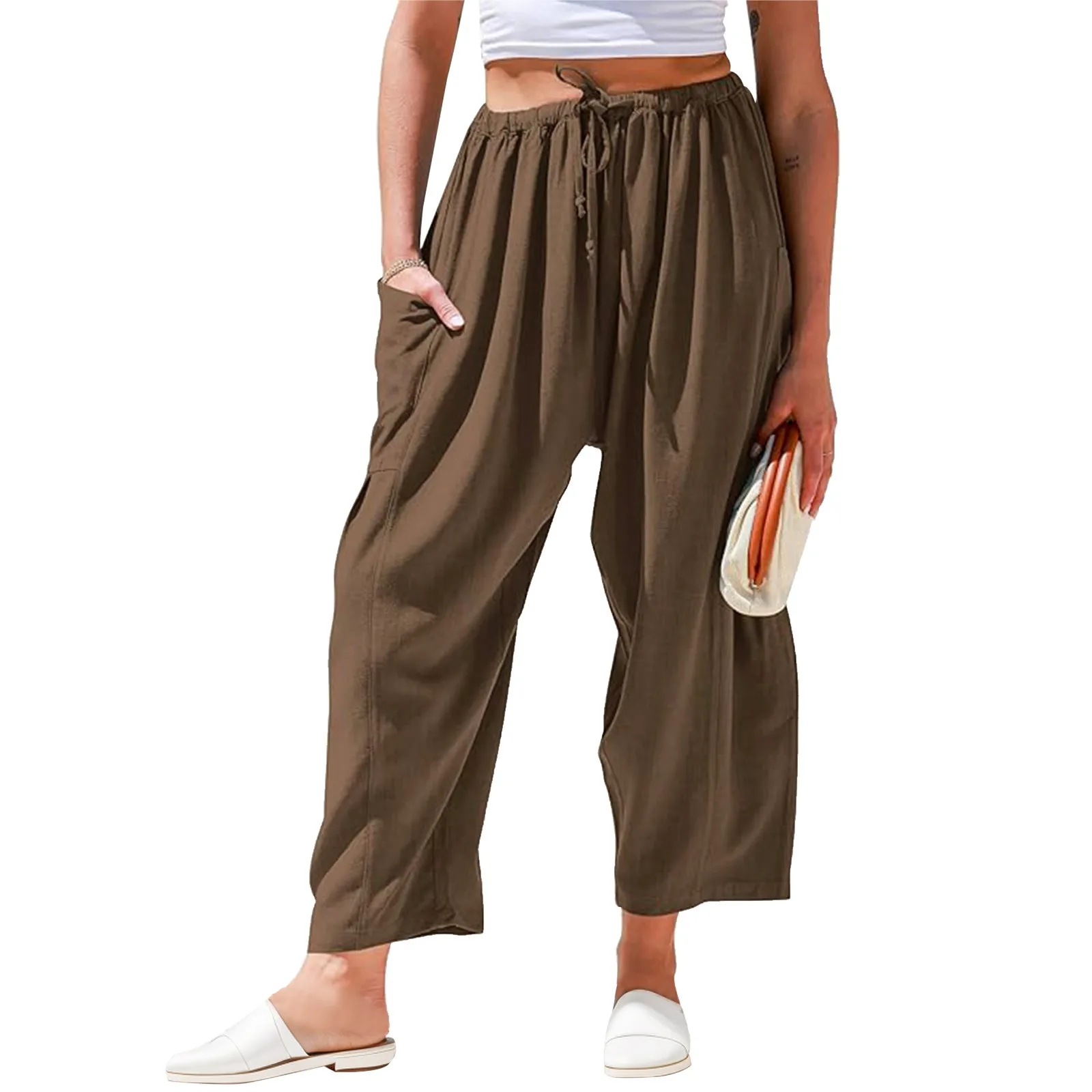 Ladies Summer Solid Color Linen Wide Leg Pants Loose Drawstring Low Waist Beach Trousers Women's Casual Pants With Pocket
Ladies Summer Solid Color Linen Wide Leg Pants Loose Drawstring Low Waist Beach Trousers Women's Casual Pants With Pocket