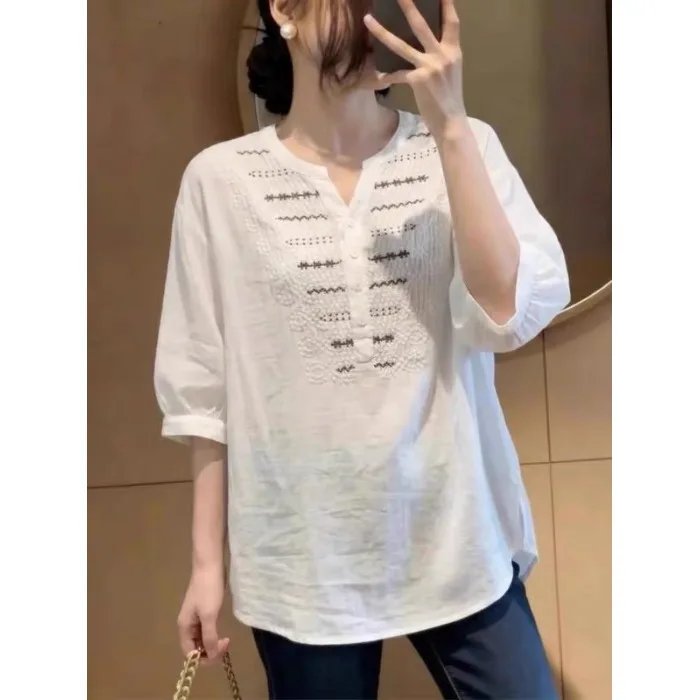 Slimming Effect Women's plus Size Summer Shirt V-Neck Short Sleeve Mid-Length Base Shirt Commute Style Artistic Regular Fit
Slimming Effect Women's plus Size Summer Shirt V-Neck Short Sleeve Mid-Length Base Shirt Commute Style Artistic Regular Fit