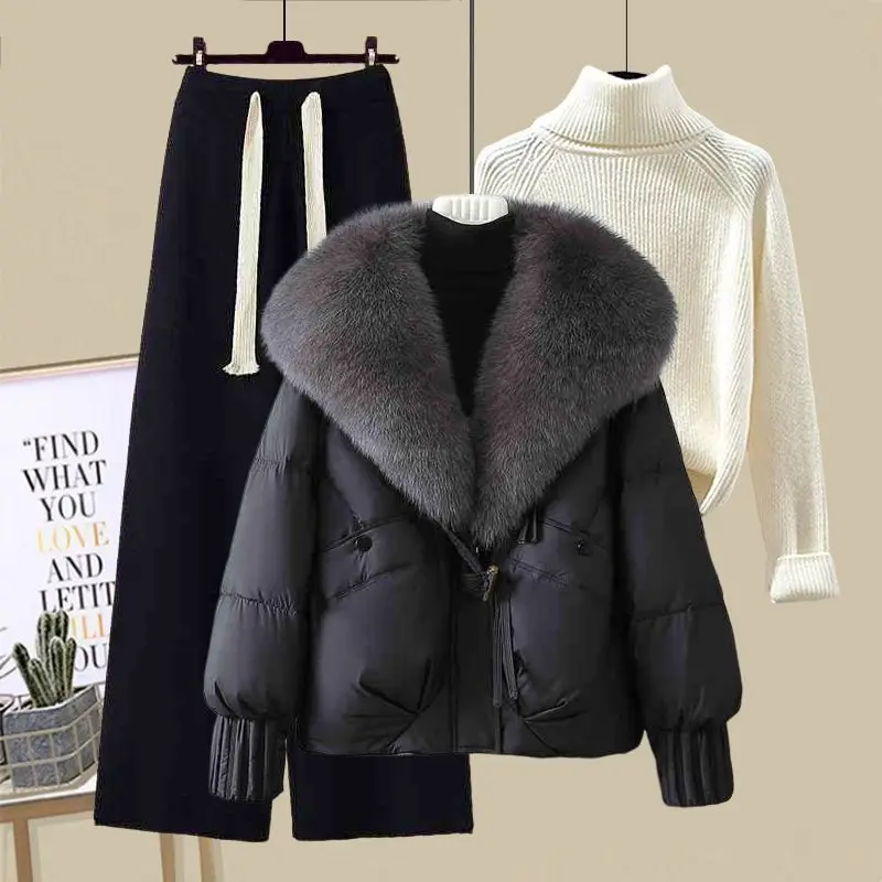 Winter Women's Fashion Three-Piece Set Knitted Cotton Jacket with Fur Collar Wide Leg Pants Casual Style Warm And Comfortable
Winter Women's Fashion Three-Piece Set Knitted Cotton Jacket with Fur Collar Wide Leg Pants Casual Style Warm And Comfortable
