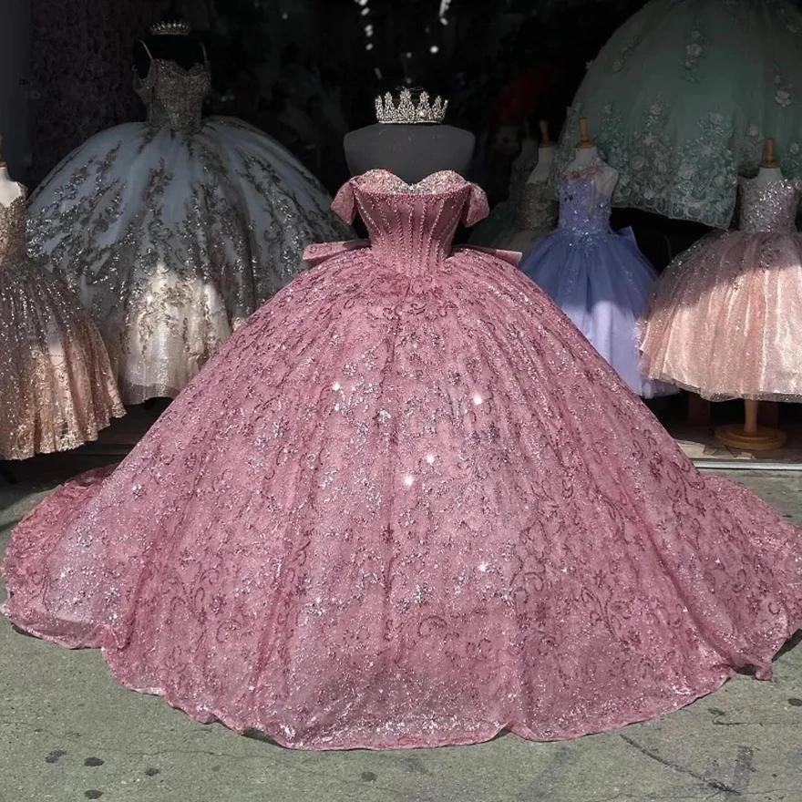 Pink Sweetheart Shiny Quinceanera Ball Gown Off The Shoulder Lace Beads Crystal Tull Mexican Sweet 16 Dresses 15 Anos
Pink Sweetheart Shiny Quinceanera Ball Gown Off The Shoulder Lace Beads Crystal Tull Mexican Sweet 16 Dresses 15 Anos