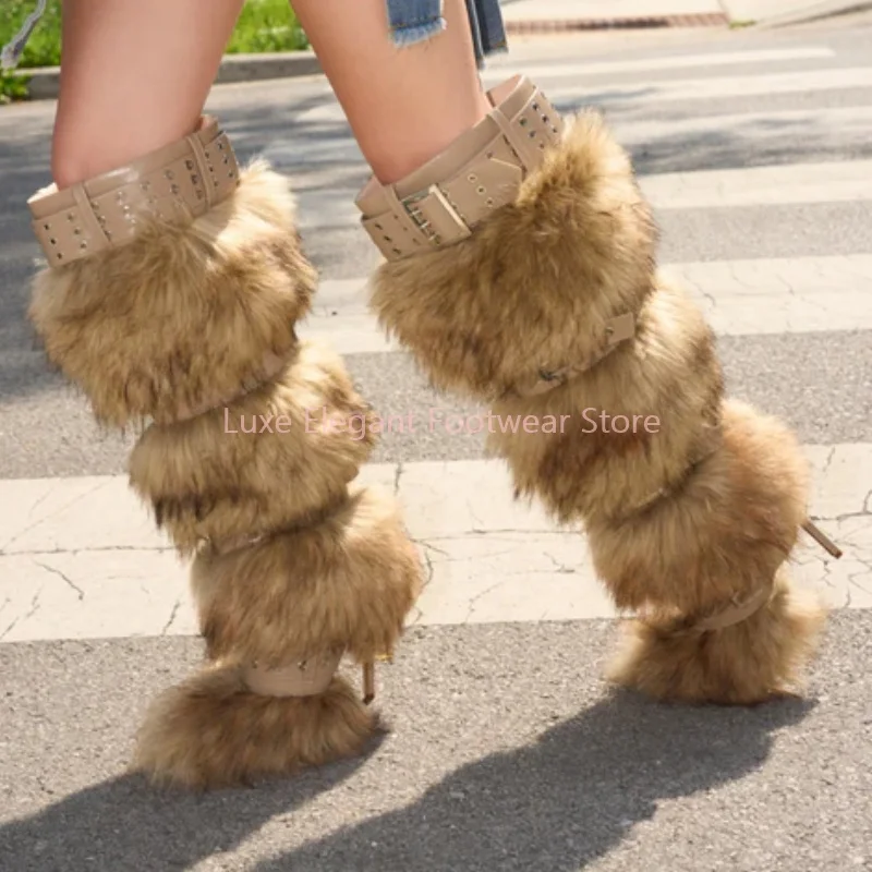 Brown Furry Layered Belt Buckle Stiletto Long Boots Women Retro Rivet Metal Ring Knee High Boots Sexy Fashion Party Warm Shoes
Brown Furry Layered Belt Buckle Stiletto Long Boots Women Retro Rivet Metal Ring Knee High Boots Sexy Fashion Party Warm Shoes