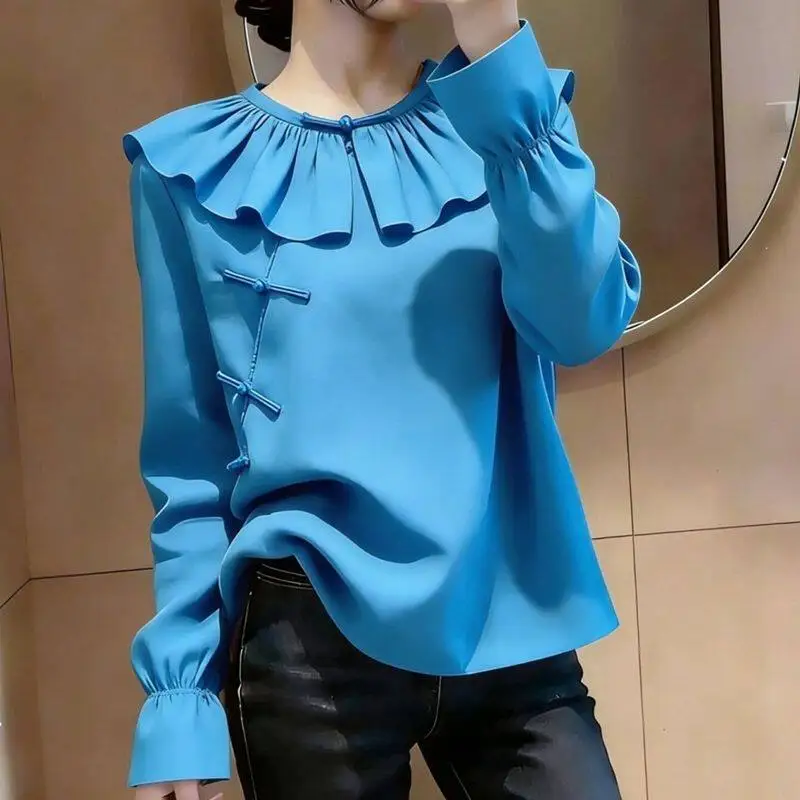 2026 spring fall women ruffles flare sleeve blue top shirt
2026 spring fall women ruffles flare sleeve blue top shirt