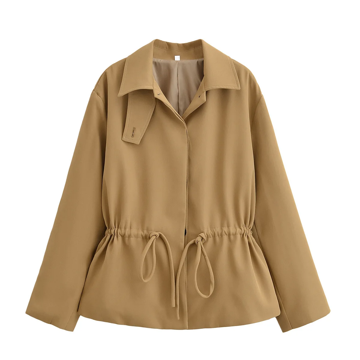 Khaki Lapel Collar Short Wind Trench Jacket Decor Strap On Collar Adjustable Double Drawstring Waist Hidden Button Front Coat
Khaki Lapel Collar Short Wind Trench Jacket Decor Strap On Collar Adjustable Double Drawstring Waist Hidden Button Front Coat