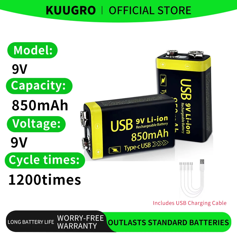 Kuugro USB 9V Rechargeable Battery 850mAh Type-C Rechargeable 6F22 9V Li-ion Battery for RC Helicopeter Model Multimeter Toy
Kuugro USB 9V Rechargeable Battery 850mAh Type-C Rechargeable 6F22 9V Li-ion Battery for RC Helicopeter Model Multimeter Toy
