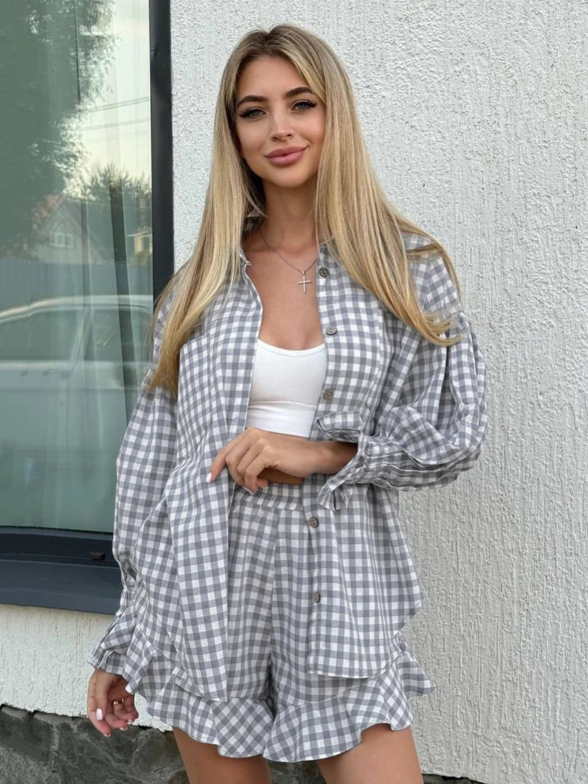 Marthaqiqi Plaid Cotton Women Pajamas Suit Turn-Down Collar Sleepwear Long Sleeve Nightgowns Shorts Casual Ladies Nightwear Sets
Marthaqiqi Plaid Cotton Women Pajamas Suit Turn-Down Collar Sleepwear Long Sleeve Nightgowns Shorts Casual Ladies Nightwear Sets
