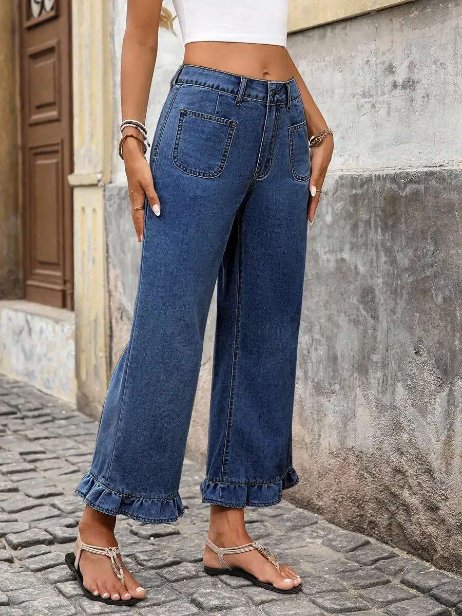 Womens Casual Wide Leg Denim Jeans With Ruffled Hem And Pockets Summer
Womens Casual Wide Leg Denim Jeans With Ruffled Hem And Pockets Summer