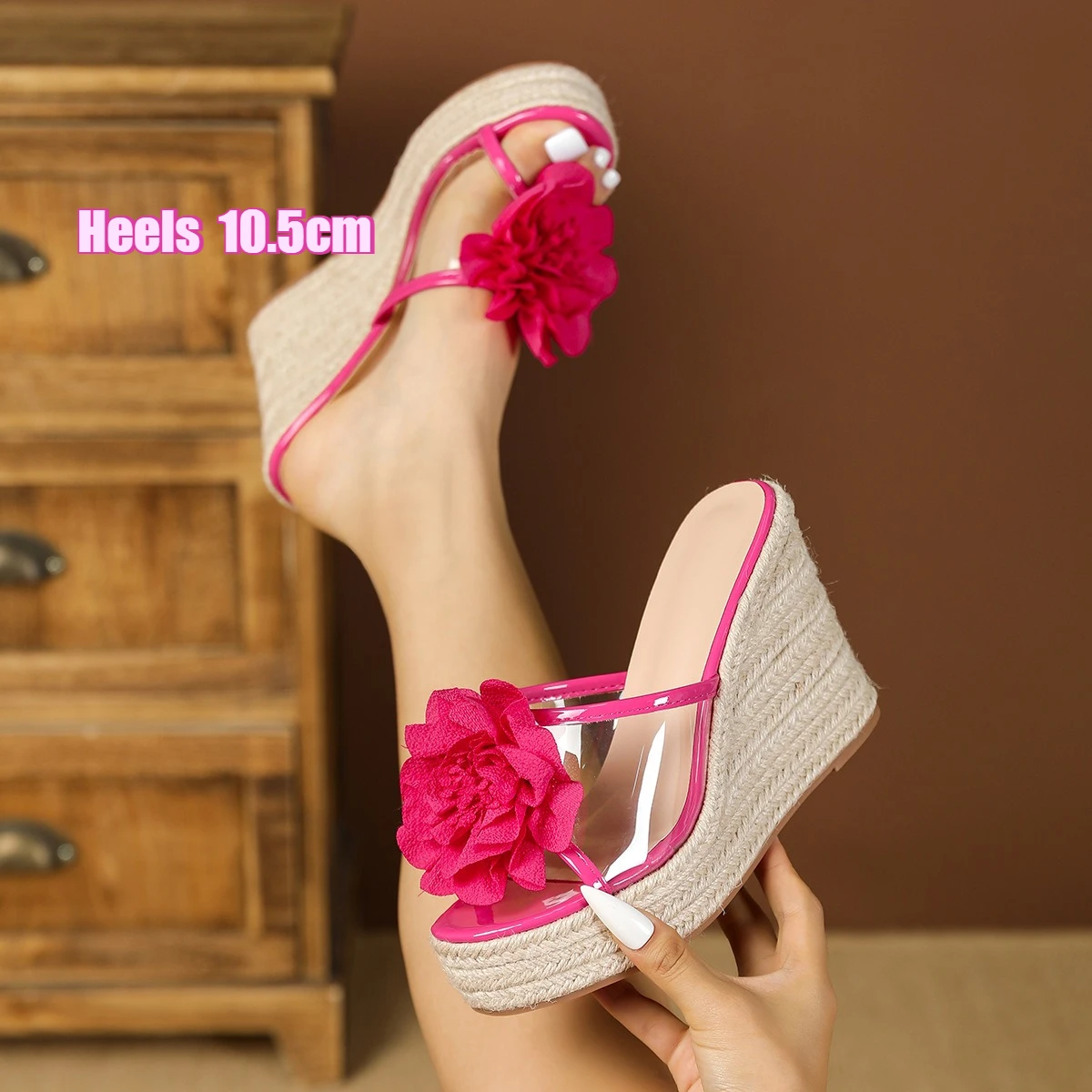Hot Pink 3D Flower Espadrille Wedge Sandals 10.5cm Heel Clear Strap Toe Ring Women's Slides for Beach Vacation Summer Party
Hot Pink 3D Flower Espadrille Wedge Sandals 10.5cm Heel Clear Strap Toe Ring Women's Slides for Beach Vacation Summer Party