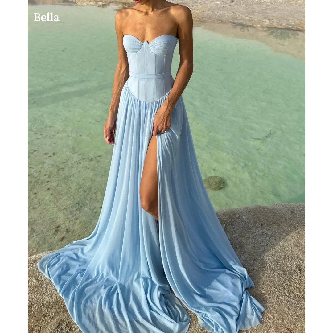 Bella Customized Robes De Soirée, Light Blue Satin Strapless Prom Dress with High Slit, Elegant Party Dresses for Evening Events
Bella Customized Robes De Soirée, Light Blue Satin Strapless Prom Dress with High Slit, Elegant Party Dresses for Evening Events