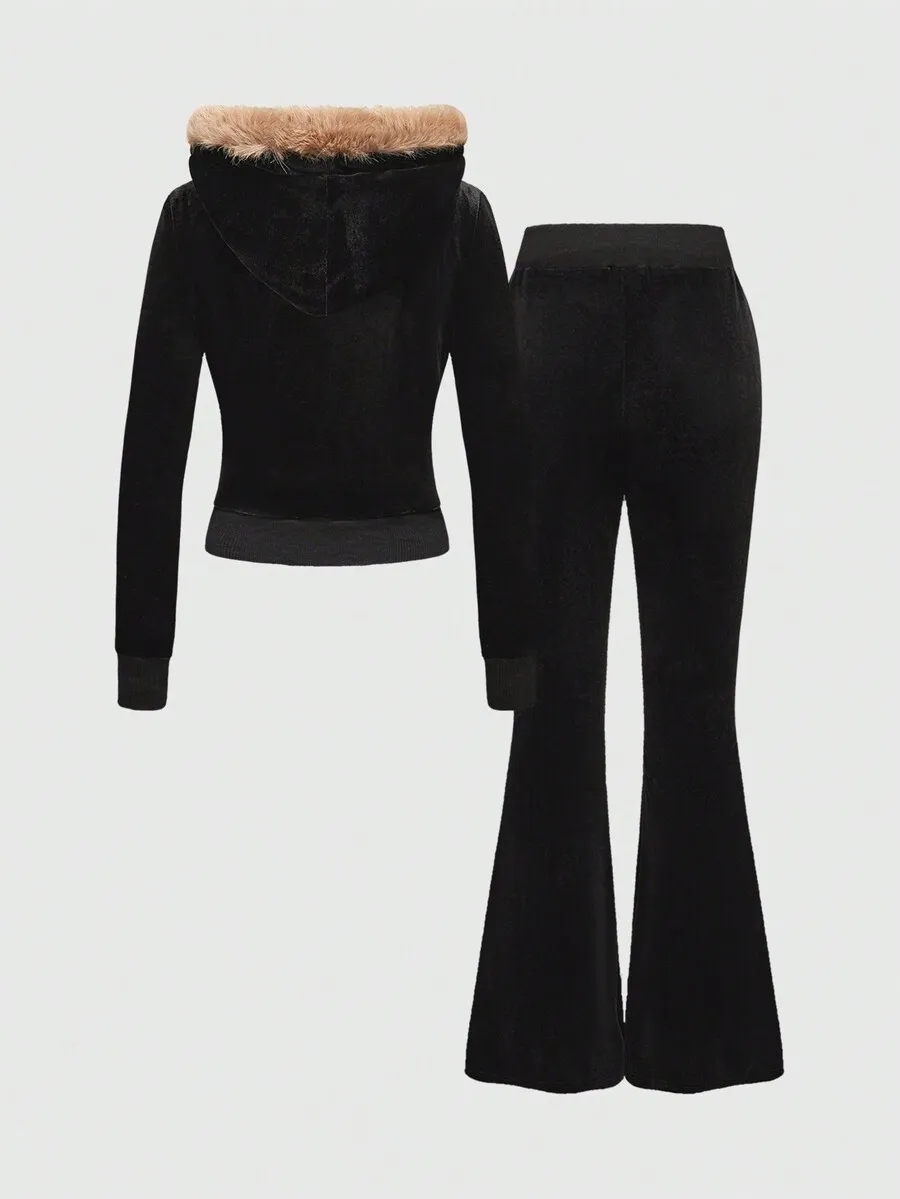 Velvet Hooded Zip-Up Top And Flare Leg Pants Set Women Punk Casual
Velvet Hooded Zip-Up Top And Flare Leg Pants Set Women Punk Casual
