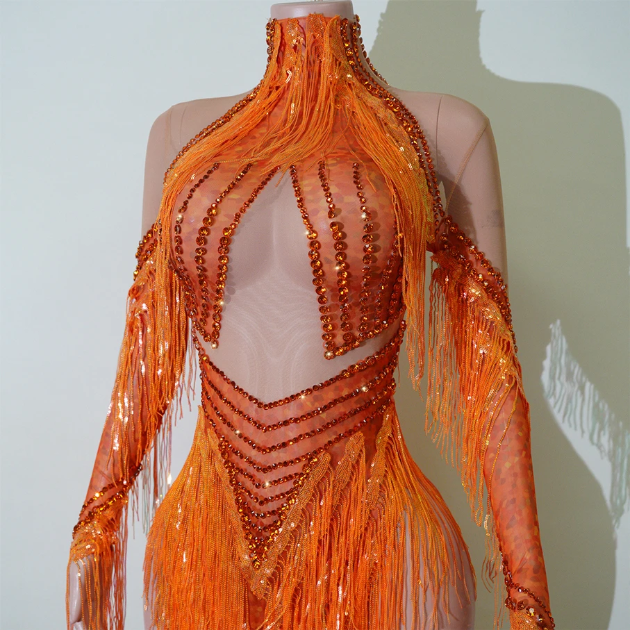 New orange rhinestone sequin tassel tulle see-through dress, Latin dance stage performance dress, team performance costume, birt
New orange rhinestone sequin tassel tulle see-through dress, Latin dance stage performance dress, team performance costume, birt