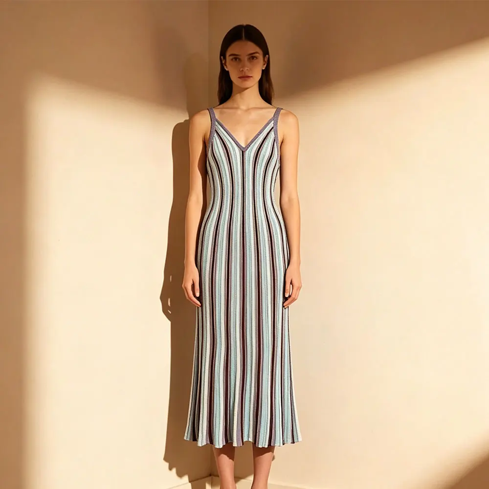 New style elegant European and American style V-neck suspender knitted dress blingbling striped contrasting color long skirt
New style elegant European and American style V-neck suspender knitted dress blingbling striped contrasting color long skirt